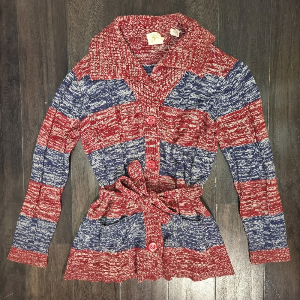 Vintage 70's Boho Red Blue Striped Belted Women's Sm Med Tarni Brand Cardigan